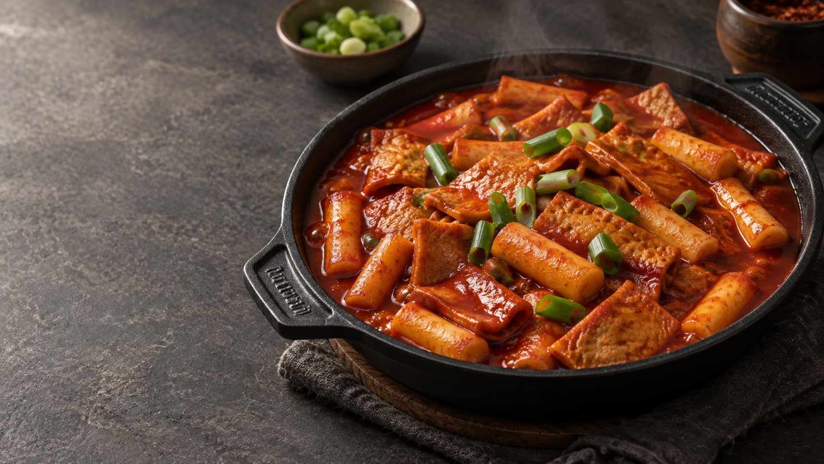 김이 오르는 매콤한 국물에 밀떡과 어묵을 넉넉히 담은 궁물떡